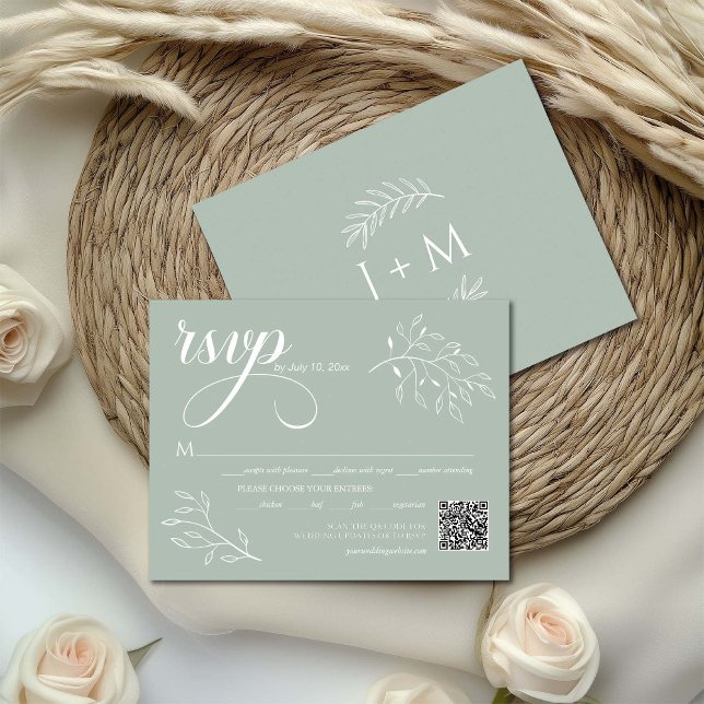 Boho Floral Sage Green Calligraphy QR Code RSVP Card (Creator Uploaded)