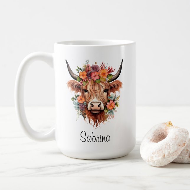 Boho Floral Scottish Highland Cow Western Custom Coffee Mug (With Donut)