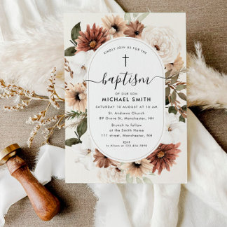 boho floral script baptism invitation