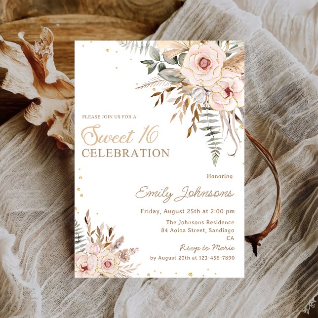 Boho Floral Script Gold Glitter Sweet 16 Birthday Invitation (Creator Uploaded)