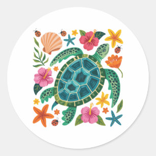 Boho Floral Sea Turtle Classic Round Sticker
