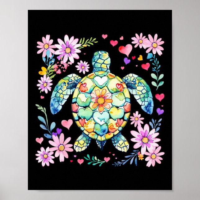 Boho Floral Sea Turtle Ocean Animal Summer Vibes B Poster (Front)