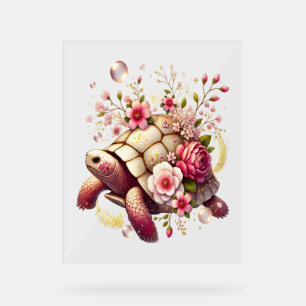 Boho Floral Sea Turtle Pink Blossom Acrylic Sign