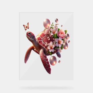 Boho Floral Sea Turtle, Pink Blossom Acrylic Sign
