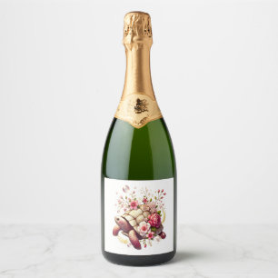 Boho Floral Sea Turtle Pink Blossom Sparkling Wine Label