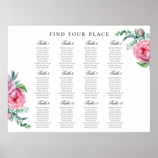 Boho floral seating chart print. Bohemian wedding (Front)