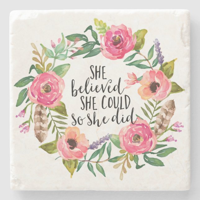 Boho floral She believed she could quote Stone Coaster (Front)