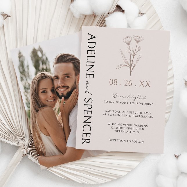 Boho Floral Sketch Modern Photo Wedding Invitation (Creator Uploaded)