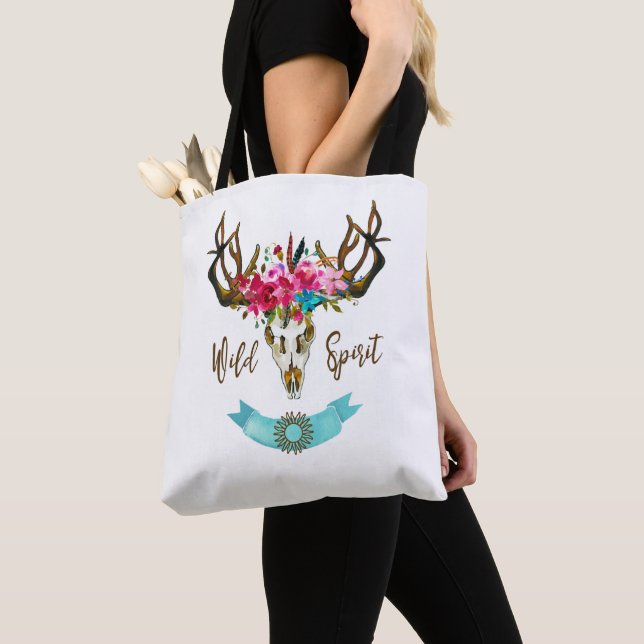 Boho Floral Skull Bohemian Flower Hippie Gift Bull Tote Bag (Close Up)