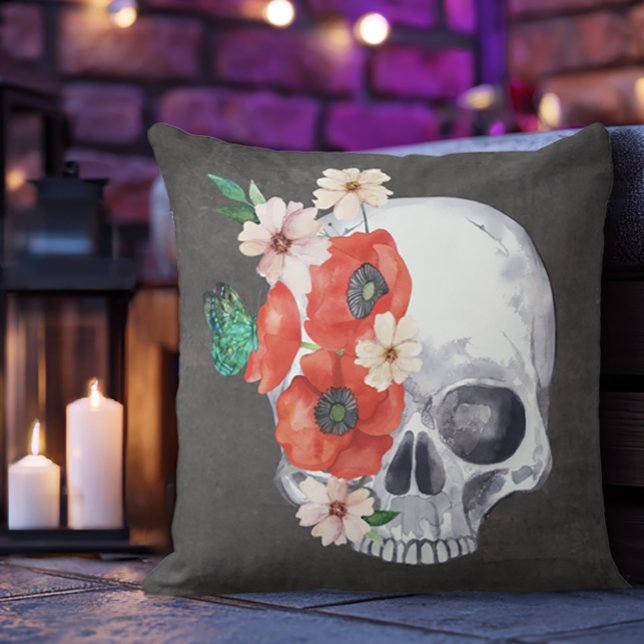 Boho Floral Skull Cushion (Floral Skull Throw Pillow)