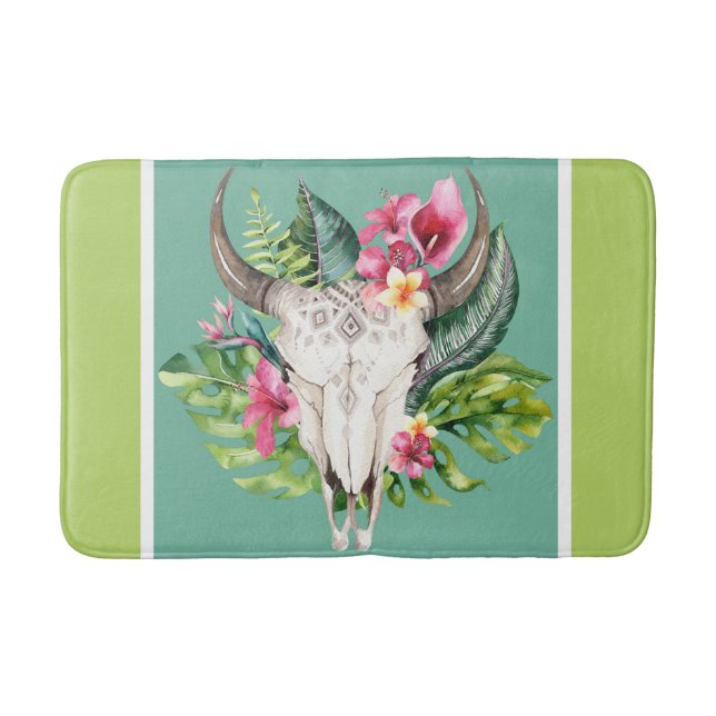 Boho Floral Skull Teal & Green Bright Colourful Bath Mat (Front)