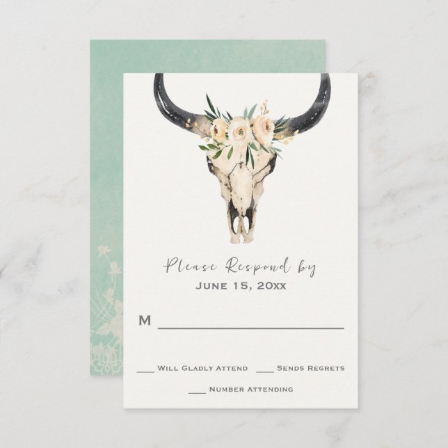 Boho Floral Skull with Light Turquoise Wedding RSVP Card (Front/Back)