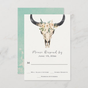 Boho Floral Skull with Light Turquoise Wedding RSVP Card