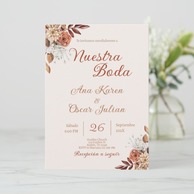 Boho Floral Spanish Wedding invitation (Standing Front)