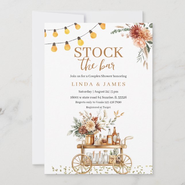 Boho Floral Stock The Bar Couple Shower Invitation (Front)