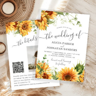 Boho floral sunflower black and white wedding invitation