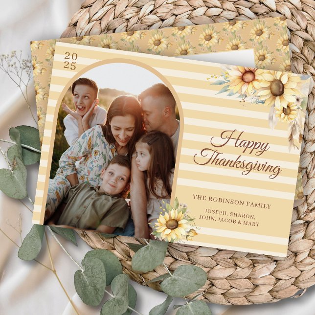 Boho Floral Sunflowers Arch Happy Thanksgiving Holiday Card (bohemian inspired Happy Thanksgiving card with sunflowers and arch family photo personalized)