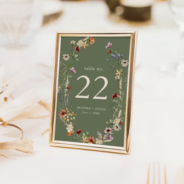 Boho Floral Table Number (Sage Green Watercolor Boho Floral Table Number with Butterfly by Painted Paperie
)