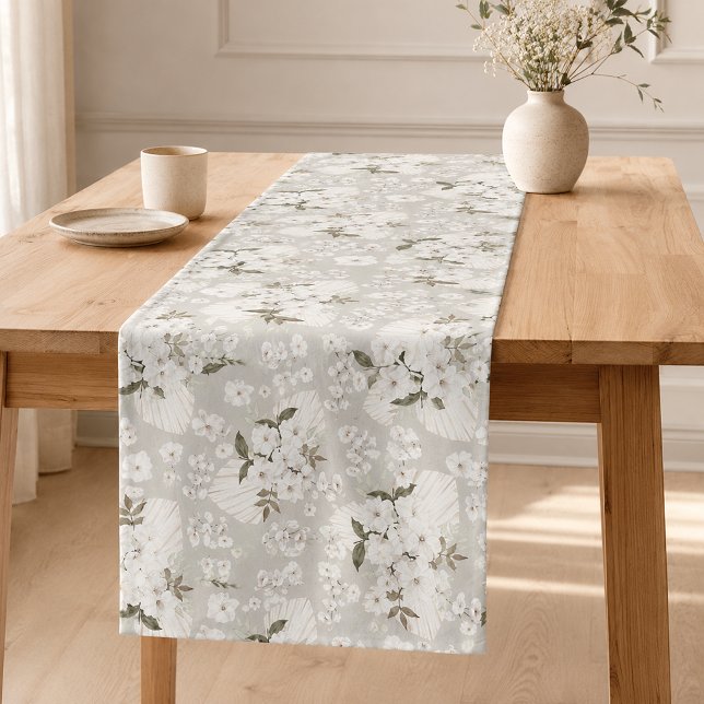 Boho Floral Table Runner Neutral White Blossoms (Table Runner)