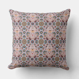 Boho Floral Teddy Bear and Ornate Mandala Seamless Cushion