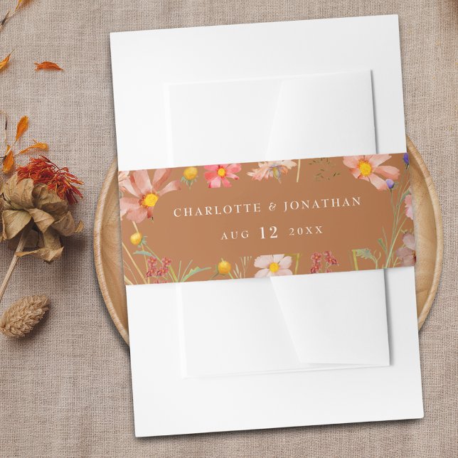 Boho Floral Terracotta Beige Fall Wedding Invitation Belly Band (Watercolor Terracotta Wildflower rustic fall Wedding custom belly band elegant and modern)