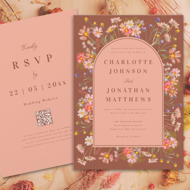 Boho Floral Terracotta Burnt Orange Fall Wedding Invitation (Boho floral arch terracotta burnt orange peach fall wedding invitation with watercolor dried flowers)