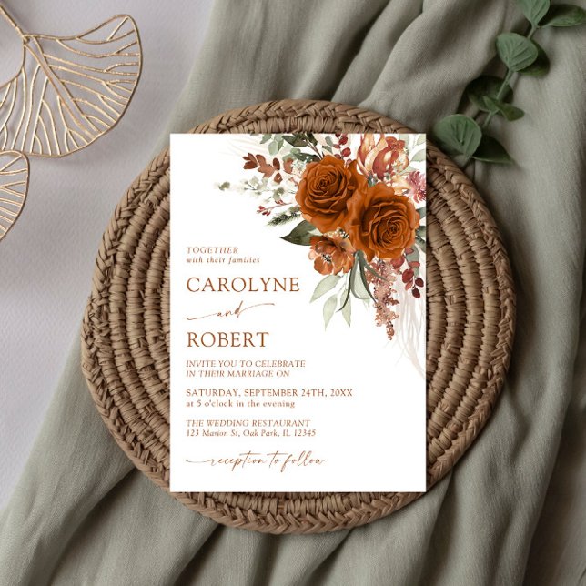 Boho Floral Terracotta Burnt Orange Wedding Invitation (Creator Uploaded)
