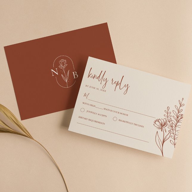 Boho Floral Terracotta Burnt Orange Wedding Modern RSVP Card (Creator Uploaded)