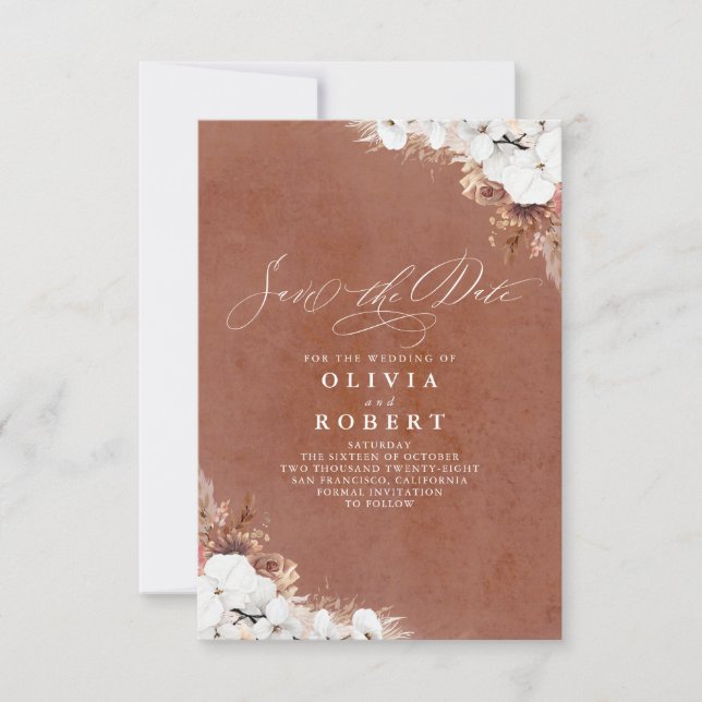 Boho Floral Terracotta Chic Save The Date Announcement (Front)