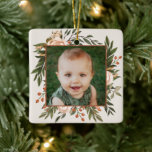 Boho Floral Terracotta Photo First Christmas Ceramic Ornament<br><div class="desc">Celebrate Baby's first Christmas with this beautiful photo Christmas ornament, featuring a hand painted floral frame in olive green, light peach, and terracotta burnt orange. The background is off-white but can be customised if desired. Easy to personalise with your own photo. The back contains text templates for further personalisation, over...</div>
