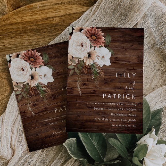 Boho Floral Terracotta Rustic Wood Wedding Invitation (Creator Uploaded)