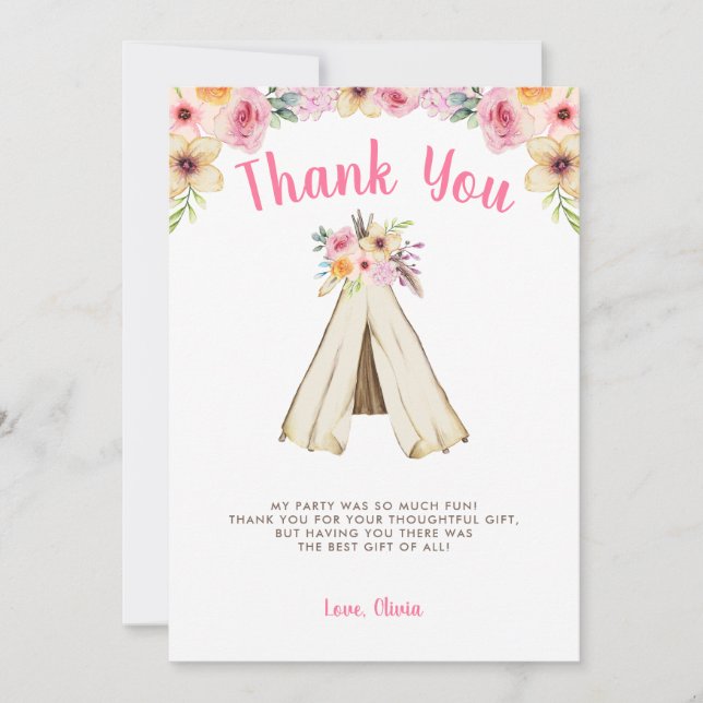 Boho Floral Tribal Teepee Birthday Thank You Card (Front)