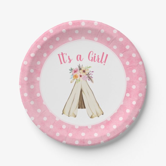 Boho Floral Tribal Teepee Girl Baby Shower Paper Plate (Front)