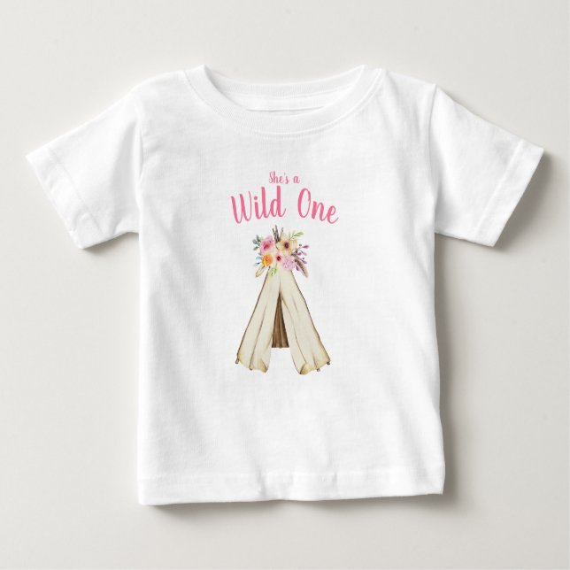 Boho Floral Tribal Teepee Wild One 1st Birthday Baby T-Shirt (Front)