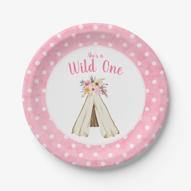 Boho Floral Tribal Teepee Wild One 1st Birthday Paper Plate (Front)