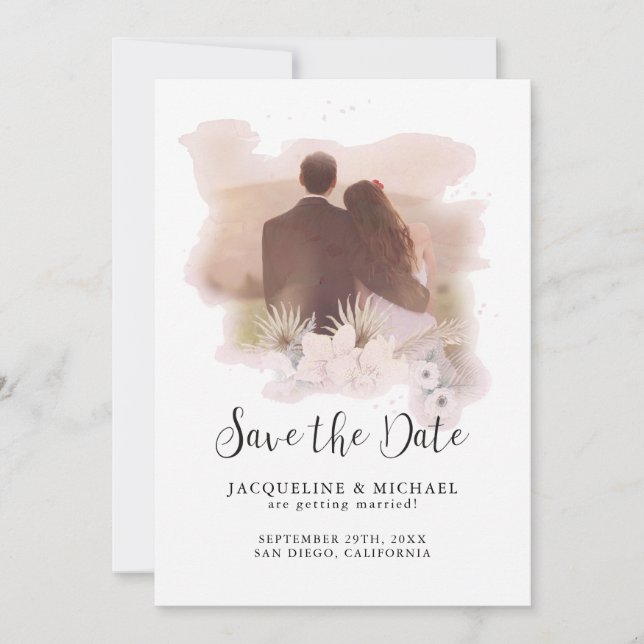 BOHO Floral Tropical Modern Script Palm Photo Save The Date (Front)