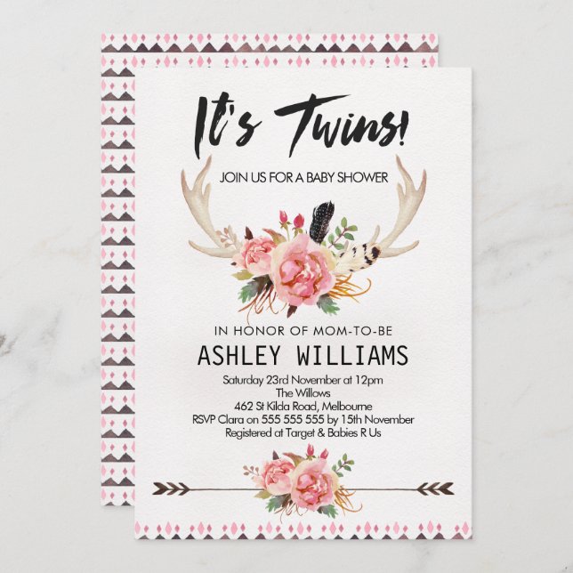 Boho Floral Twin Girls Baby Shower Invitation (Front/Back)