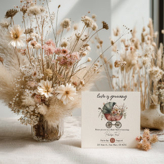 Boho Floral Vintage Baby Carriage Baby Shower Invi Invitation