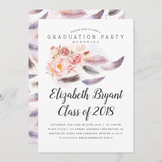 Boho Floral Watercolor Feathers Graduation Party Invitation (Front/Back)