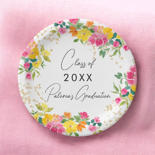 Boho Floral Watercolor Gold Glitter Graduation Paper Plate