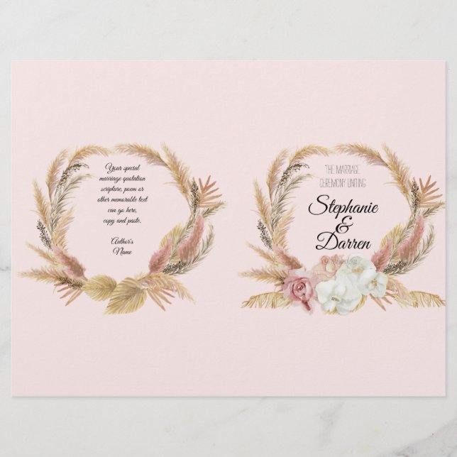 Boho Floral Watercolor Pampas Palm Wedding Program (Front)