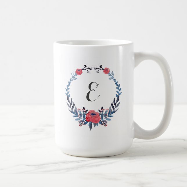 Boho Floral Watercolor Red Roses | Monogram Coffee Mug (Right)