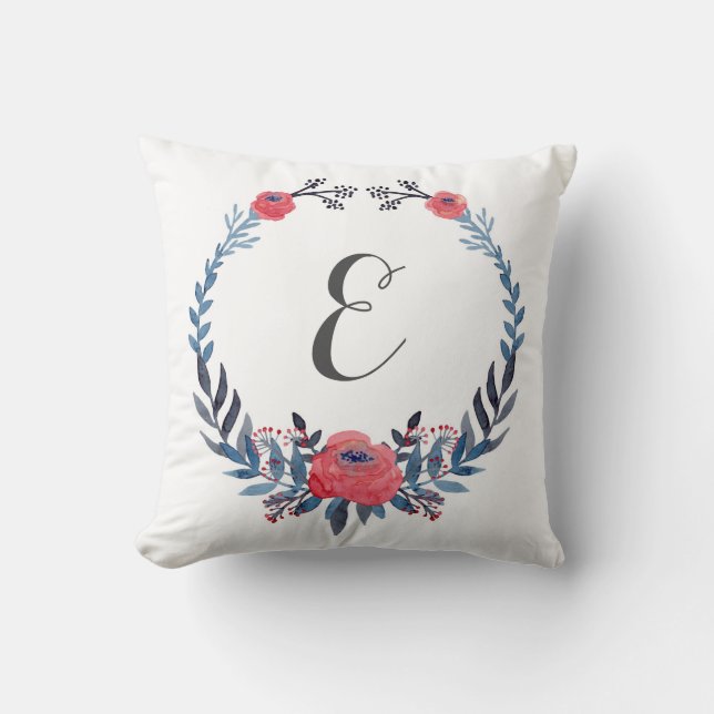 Boho Floral Watercolor Red Roses | Monogram Cushion (Front)