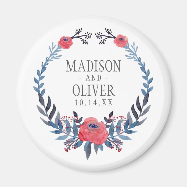 Boho Floral Watercolor Red Roses | Wedding Magnet (Front)