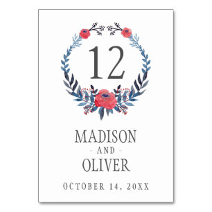 Boho Floral Watercolor Red Roses   Wedding Table Number