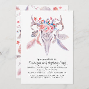 Boho Floral Watercolor Skull Birthday Party Invitation