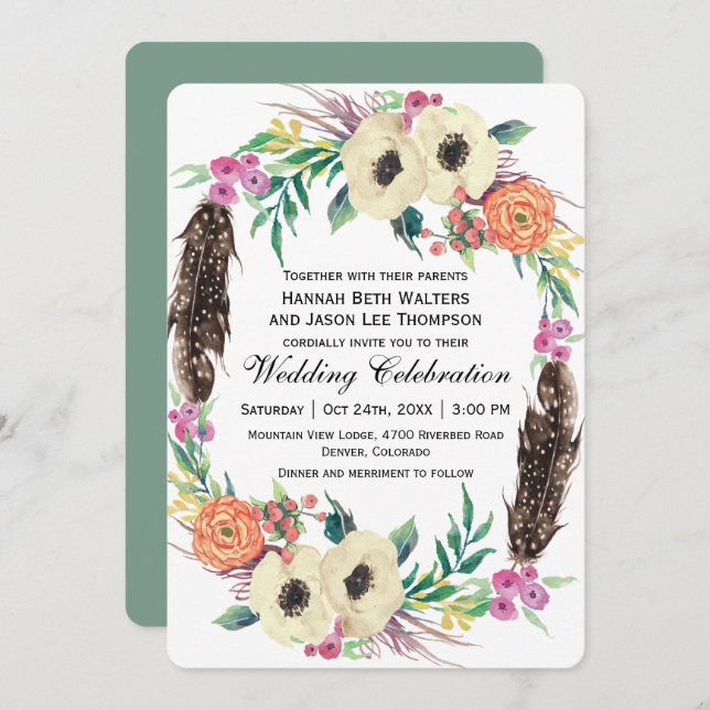 Boho Floral Watercolor Wedding Invitation (Front/Back)
