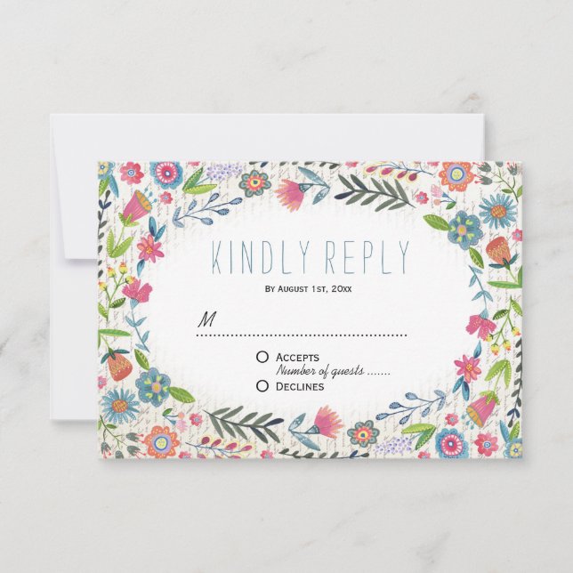 Boho Floral Watercolor Wedding | RSVP Reply Card (Front)