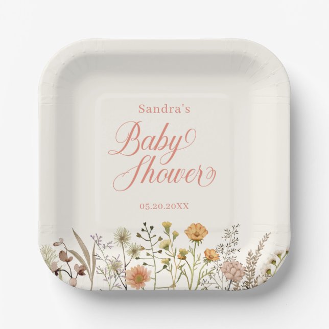 Boho Floral Watercolor Wildflower Baby Shower Paper Plate (Front)
