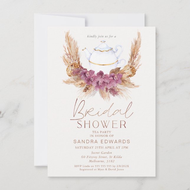 Boho Floral Weath Tea Party Bridal Shower Invitation (Front)